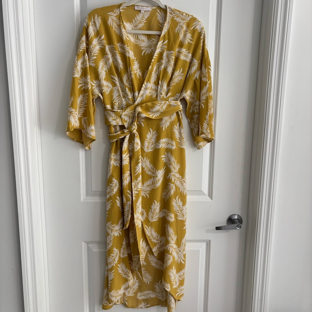 Mustard Yellow Floral Wrap Dress with Belt